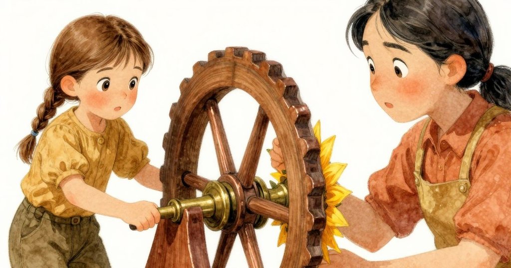 近鏡頭展現黃銅桿穿過木製齒輪構成的太陽花轉盤,松木長凳上散落著木屑,環境細膩溫暖。