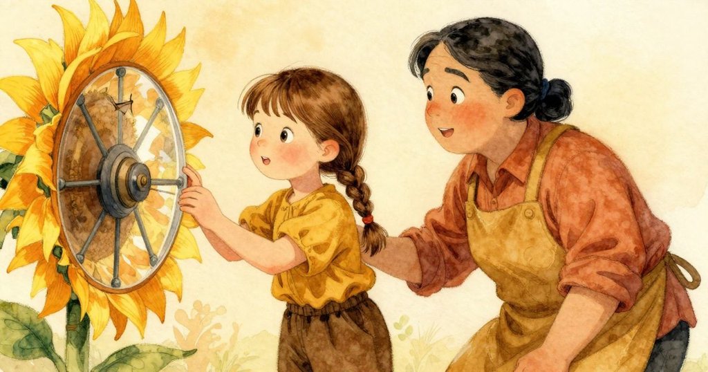 Glynis 與 Seren 彼此會心一笑,觀察緩轉的花盤與玻璃鼓內黃金雀,場景溫馨,情緒放鬆慶祝。