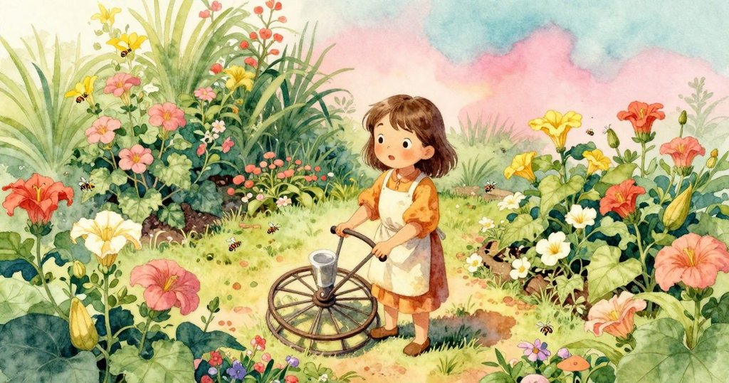 在陽光照耀的花園裡，一位烘焙師推著手推車靠近鏽蝕轉盤，蜜蜂在南瓜花中飛舞，散發著溫暖與活力