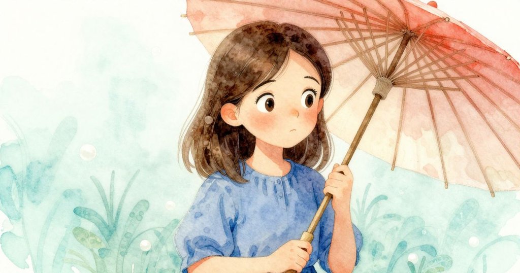 Giselle近距離觀看紙傘，眉毛上揚流露好奇與驚奇，背景柔和室內燈光襯出實驗氣氛