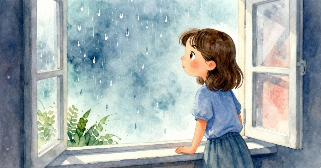 Giselle站在開放式窗前望向窗外雨景，雨滴在玻璃上滑落，面容中充滿思考與新期許，環境寧靜