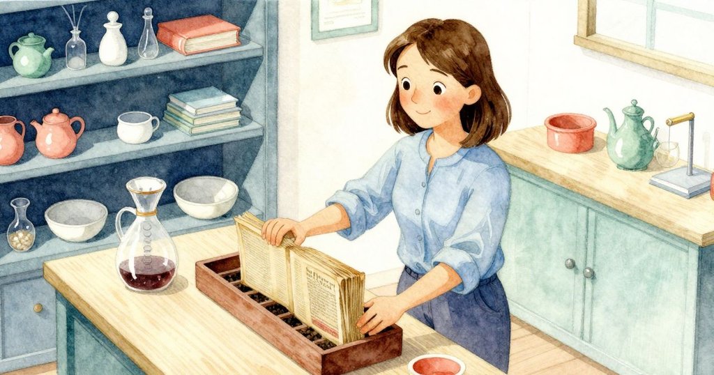 Helena輕抬舊食譜，檢查窗邊微傾的培育盤，室內陽光溫暖，動作溫柔細緻