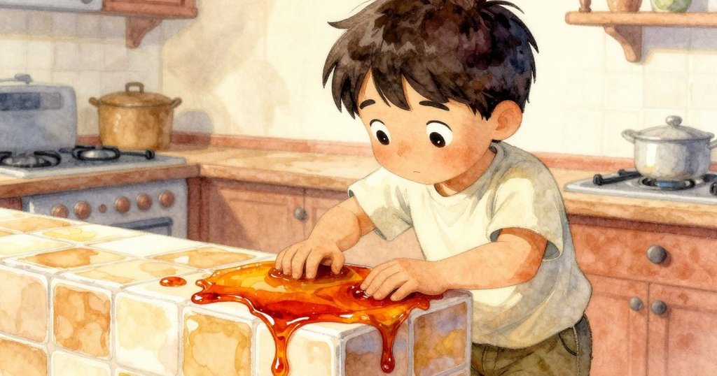 Wade 仔細觀察櫃檯上鮮紅糖漿的痕跡,特寫展現細膩紋理和專注神情,廚房安靜而溫暖