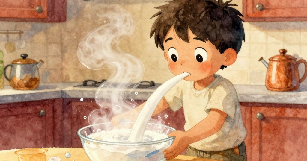 Wade 倒入溫暖椰奶於碗中,氣泡與蒸氣輕柔交融,櫃檯上散發夢幻光影,氣氛悠然