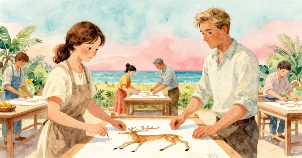 平靜的織布房中,兩人合作完美落幕,展現出中央精美小鹿織品,場景安詳舒心。