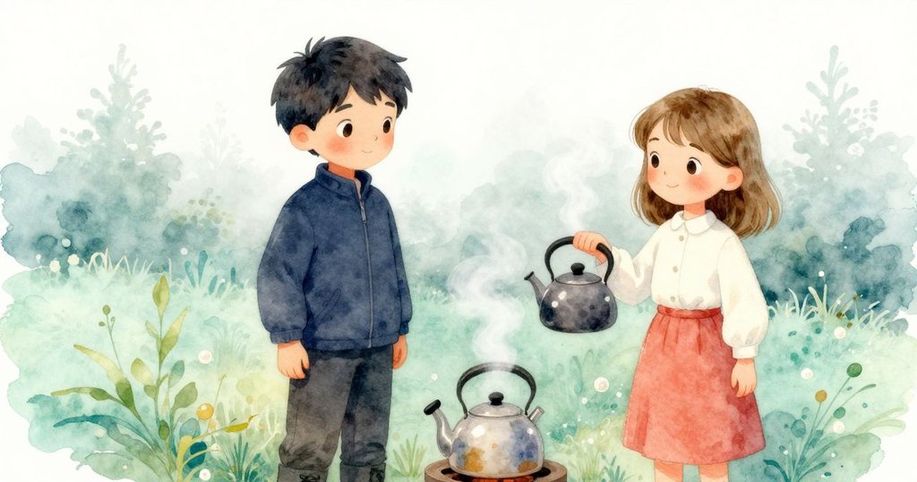 小動物視角觀察熱水壺冒蒸汽與晨霧交融，背景呈現復古布告與錫杯，展現靜謐早晨氛圍
