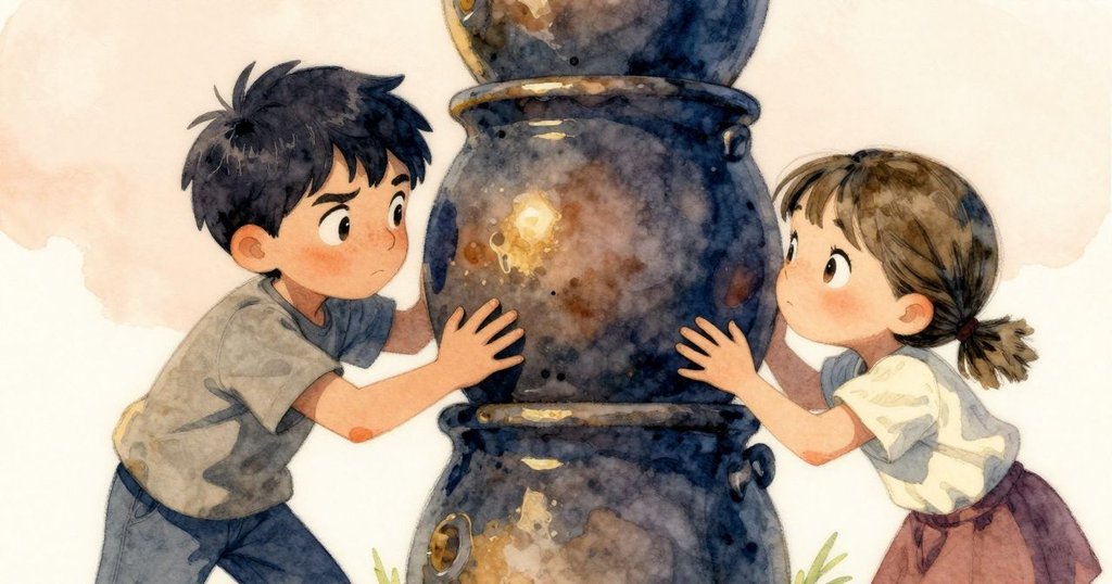 Inigo 與 Freya 聚焦於傾斜陶罐塔，小心觸摸穩定塔身，驚奇表情中伴隨一隻嗡嗡飛過的小蒼蠅。