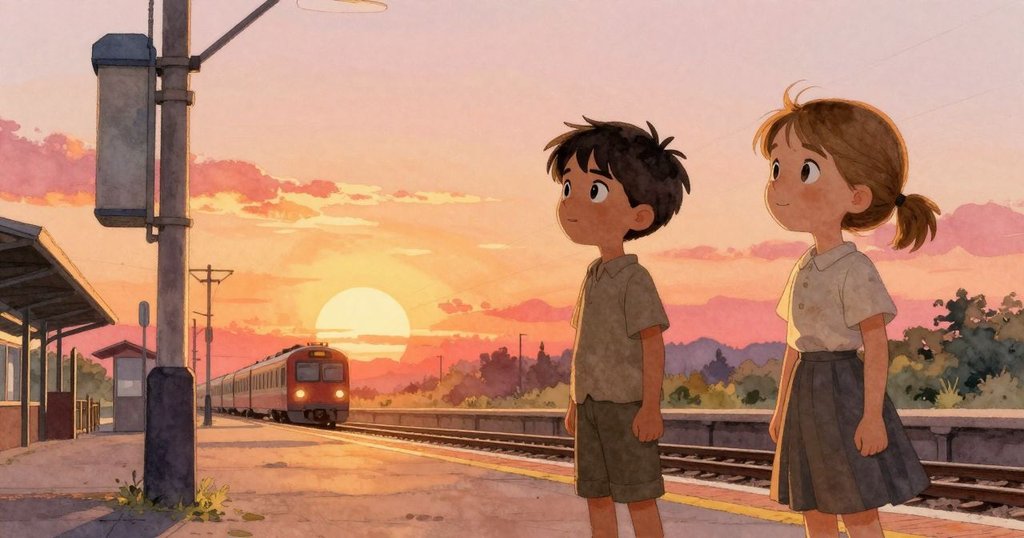 夕陽映照車站背景，Inigo 與 Freya 看著穩固陶罐塔露出滿意微笑，遠處火車緩緩通過。