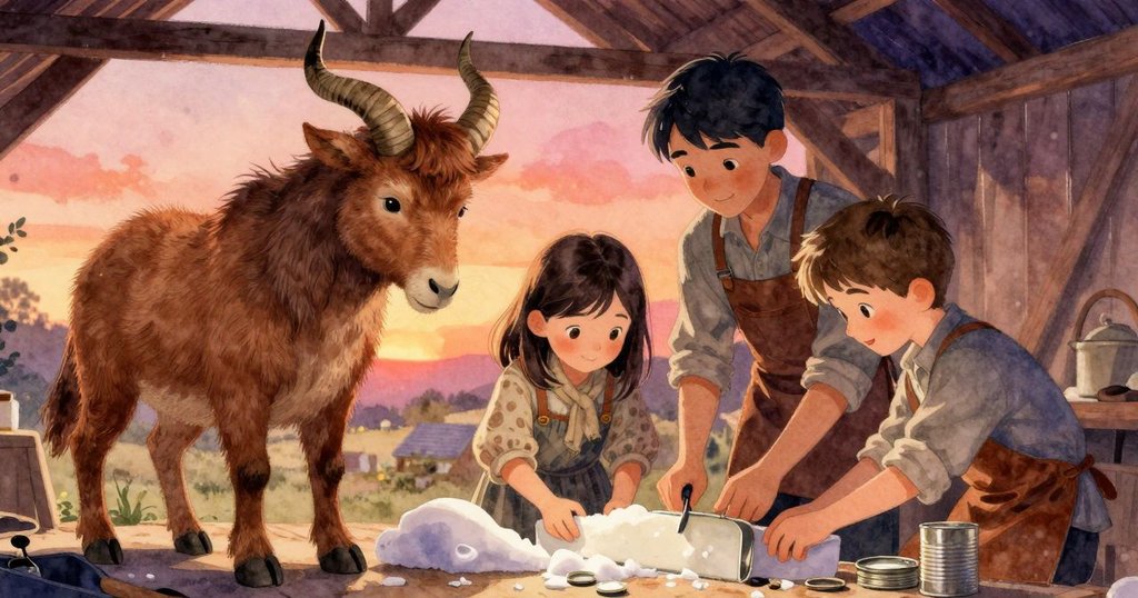 Troy、Daphne與Quinn共同修補穀倉開口,彼此協作動作生動,溫暖燈光中展現團隊努力與和諧情感