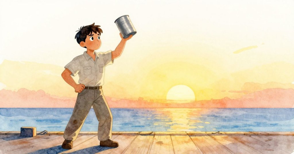 在夕陽照耀的海港碼頭上，Yves堅定握住誘餌罐，身影被溫暖光線勾勒出輪廓，充滿期待與寧靜。