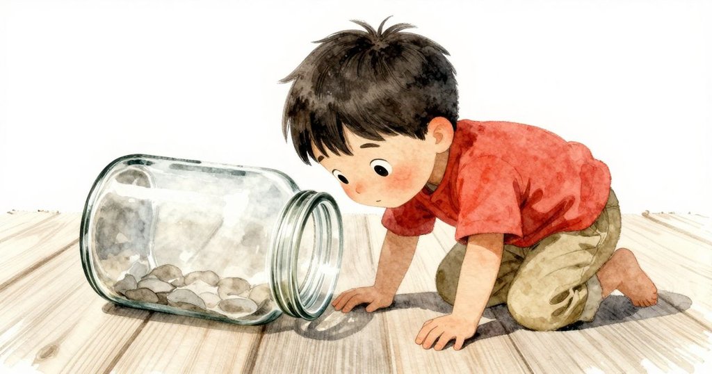 奧利安傾斜玻璃罐落在粗糙木地板上，紅黃糖果排列整齊，陽光微灑，細緻木紋清晰