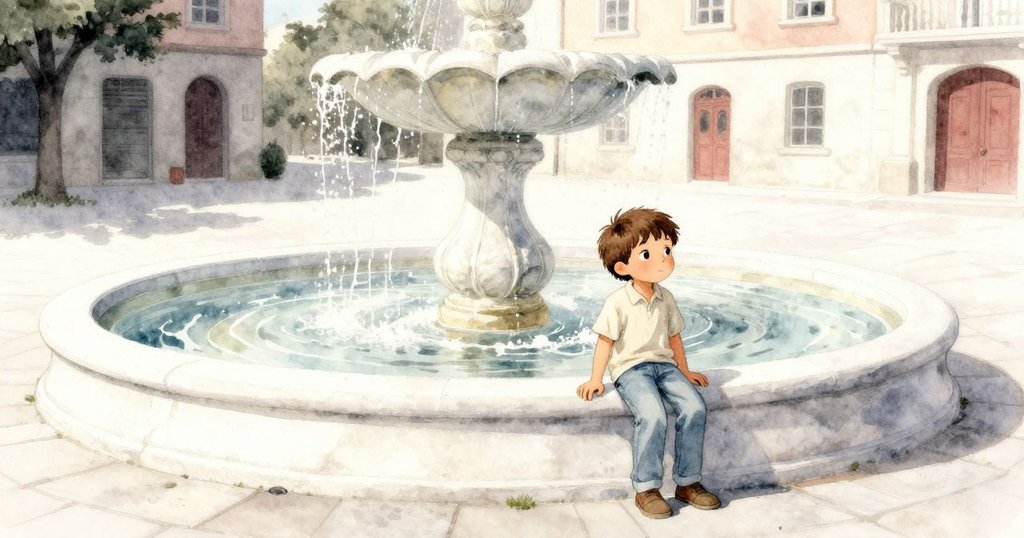 Declan 儲存手機後安靜地立於噴泉邊，享受寧靜午後的平和與深沈傍晚氛圍，心境安詳而滿足。
