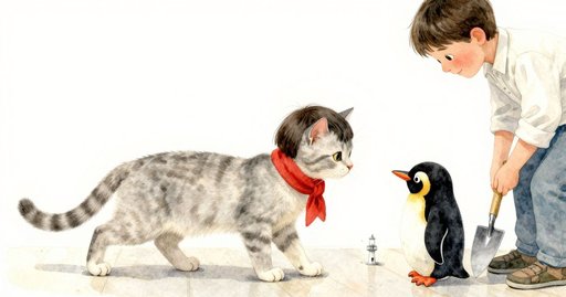 Penguin Toy Meets a Tiny Lighthouse at the Station Bench