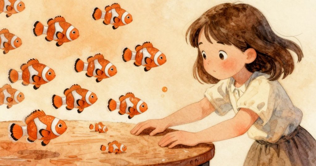 瞬間動態中，莉莉快速伸手抓住漂移的小丑魚玻璃重量，桌面光澤與暖光下展現緊張氣氛