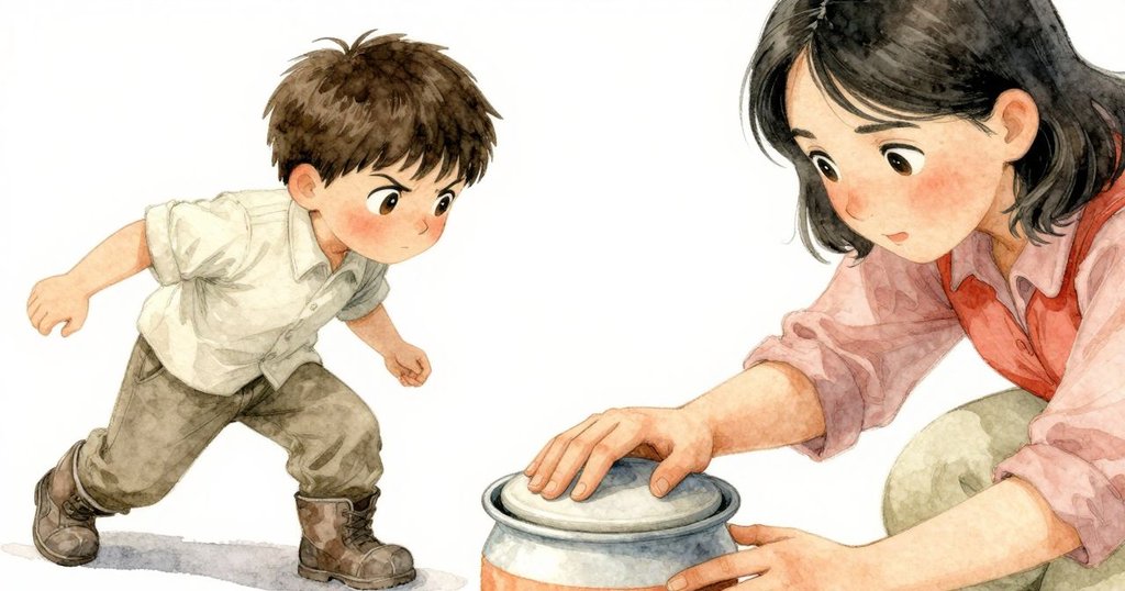 亞奇全力按住搖晃的飼料箱蓋，塔蒂亞娜穩住基座，特寫展現出兩人堅定與挑戰的情緒。