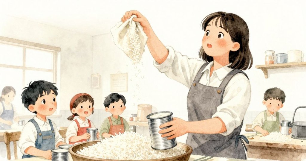 女性助手從低角度展現自信動作,舀取米粒並倒入布袋,工作台充滿活力與溫暖光線