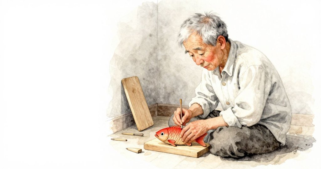 年長工匠在隱秘角落中靜心雕刻小木魚,杉木碎屑散落,展現出專注與創作的溫暖氛圍