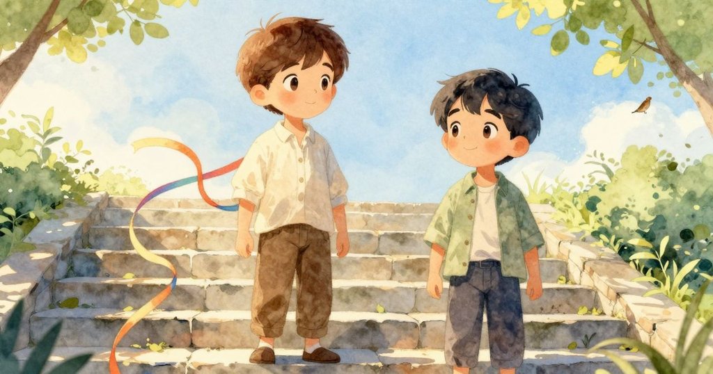 樓梯上糖霜與染料交織成大理石紋，溫柔日光照映，小沙嘴鳥輕輕降落，營造出寧靜魔幻氛圍