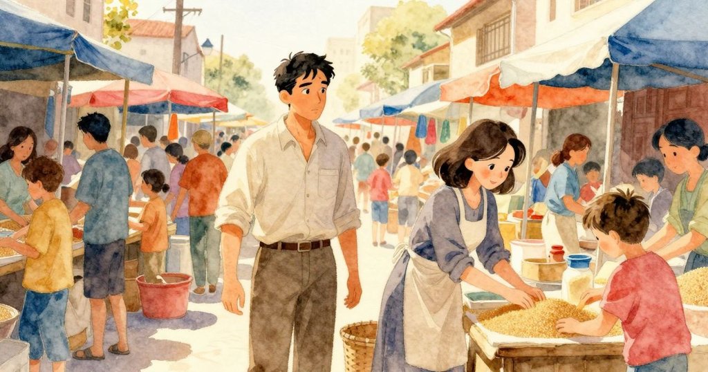 Xavier與Fenna在熱鬧市場中忙碌工作，攤位上散發著香料氣息，人群穿梭，充滿活力與熱情。