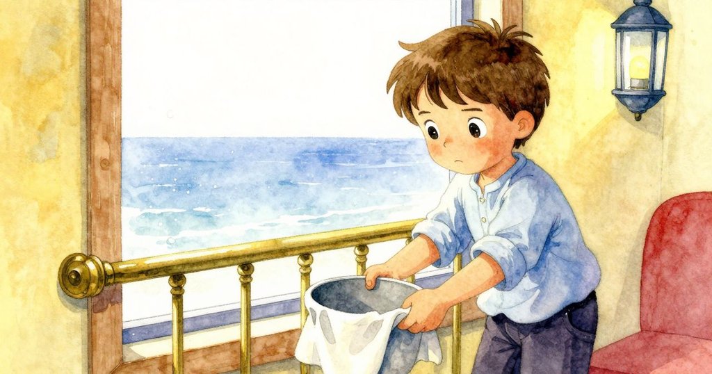 燈室內Pia擺放水桶，銅欄杆與窗外海霧相映，海味與熱氣交融，展現勤勞與沉思氛圍