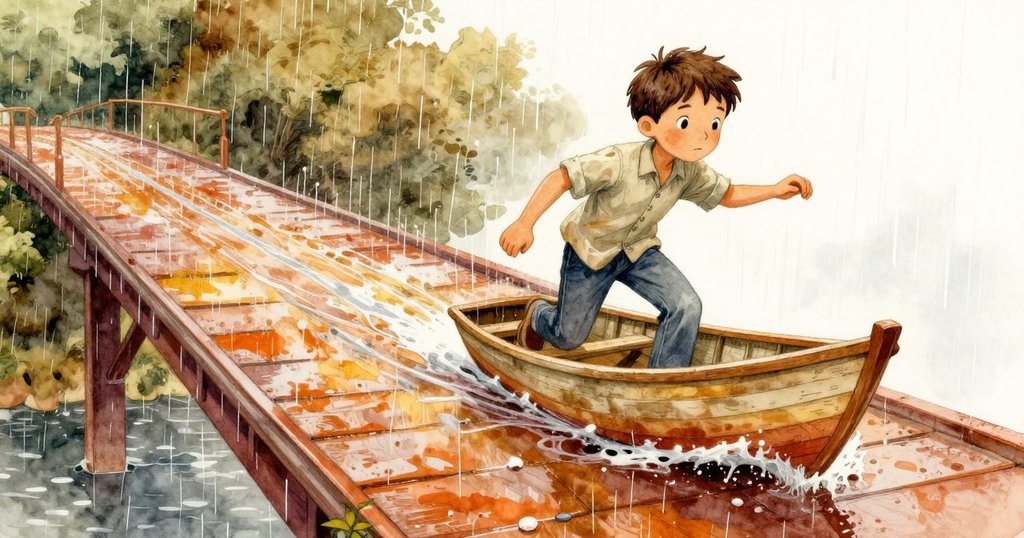 雨勢再起時，Cedric模型船於彩流中滑行，雨滴與氣泡動態散開，甲蟲小心攀爬，情境充滿季節轉變感