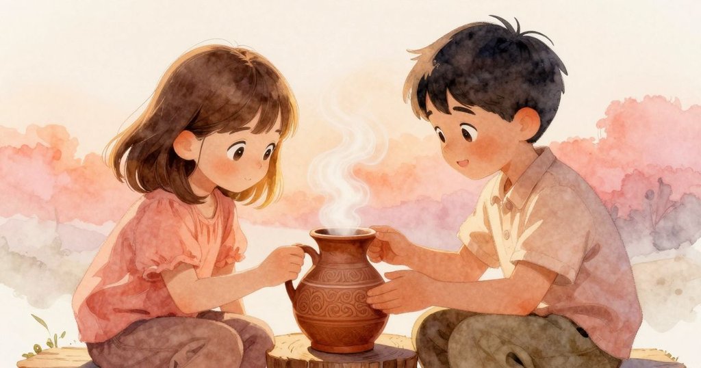 Bram小心持著散發夜熱的陶壺, 透出細緻蒸氣, Astrid專注觀看, 木板上凝結水珠散發溫暖光芒