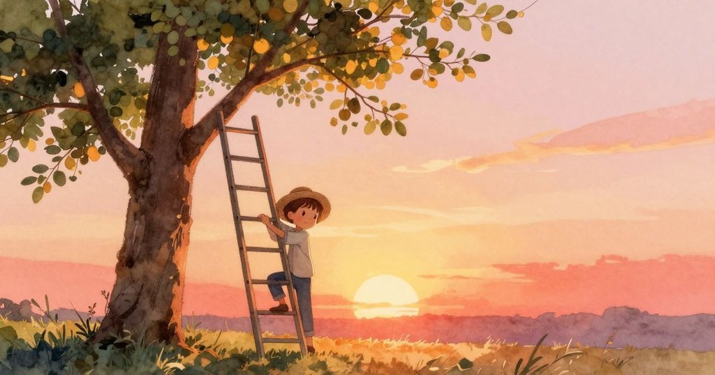 Zev在夕陽下架設梯子，梨樹與梯子剪影映襯出溫暖光暈，充滿期待的戶外情景