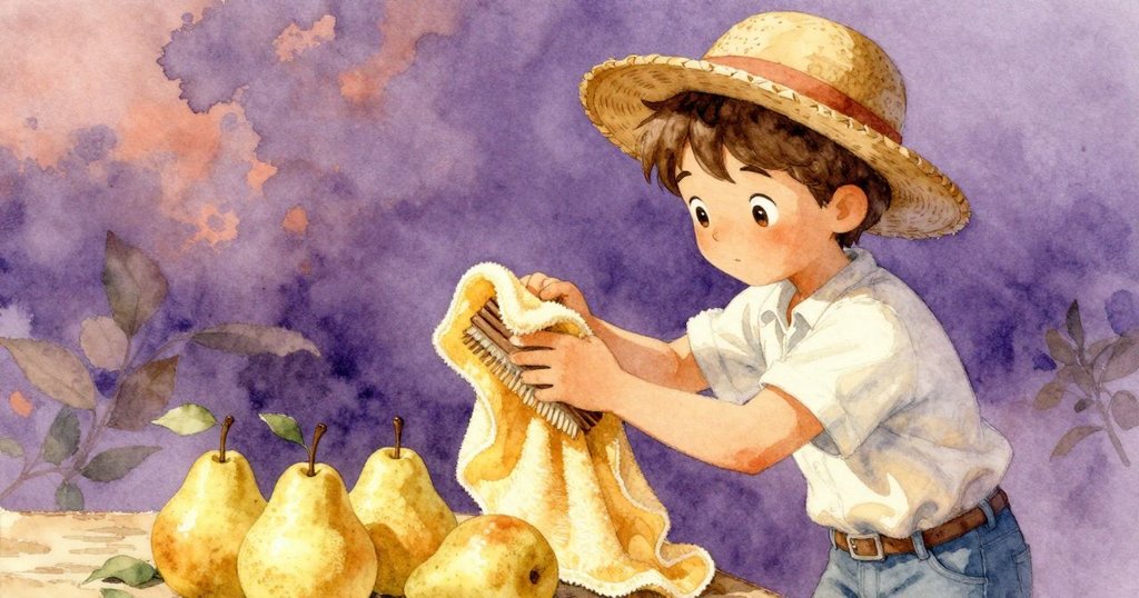 Zev正用金色毛巾仔細拂去梨子表面塵埃，手部動作流暢，展現溫馨採果場景