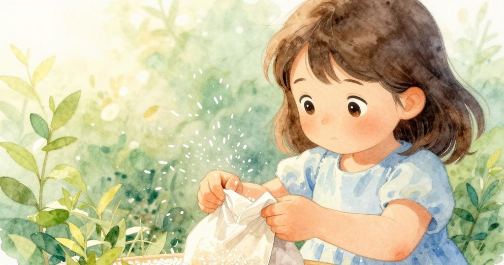 在柔和光線中，塞琳細緻的手輕撥紙袋口釋放米粒，展現故事初動作與溫暖情感