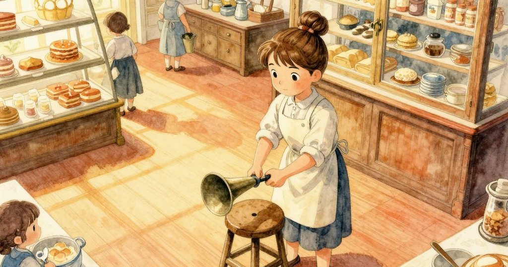 在烘焙室中，Ursula站在凳子上操作風箱，從高處俯瞰磚地與磚爐，表情專注且充滿溫暖氣息