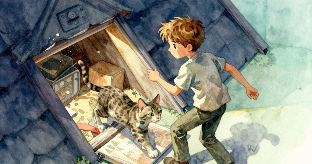 Finn推開閣樓入口,塵埃飛揚,條紋貓在附近跟隨,場景古舊而溫暖,充滿探險氣息