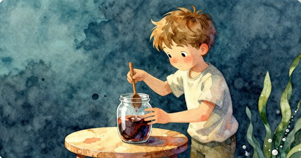 Finn小心將玻璃罐放於矮桌上,用木勺輕敲蓋子,仔細看著深色液體旋轉,場面專注而謹慎