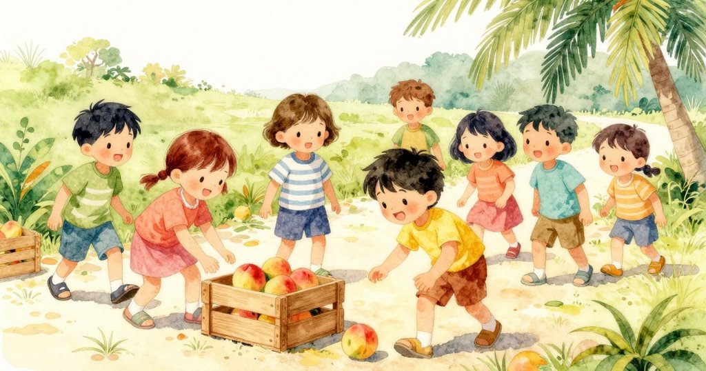 孩子們在砂徑上探索一個木箱,裡面放著圓潤的桃子,其中一顆桃子獨自躺在沙地上,展現故事發展初期的場景