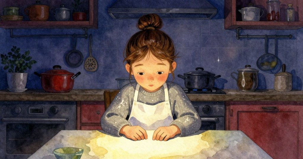Noemi在寧靜廚房中安坐休息,眼神滿足,旁邊的Whiskers依偎著,展現溫馨寧和的最終落幕。