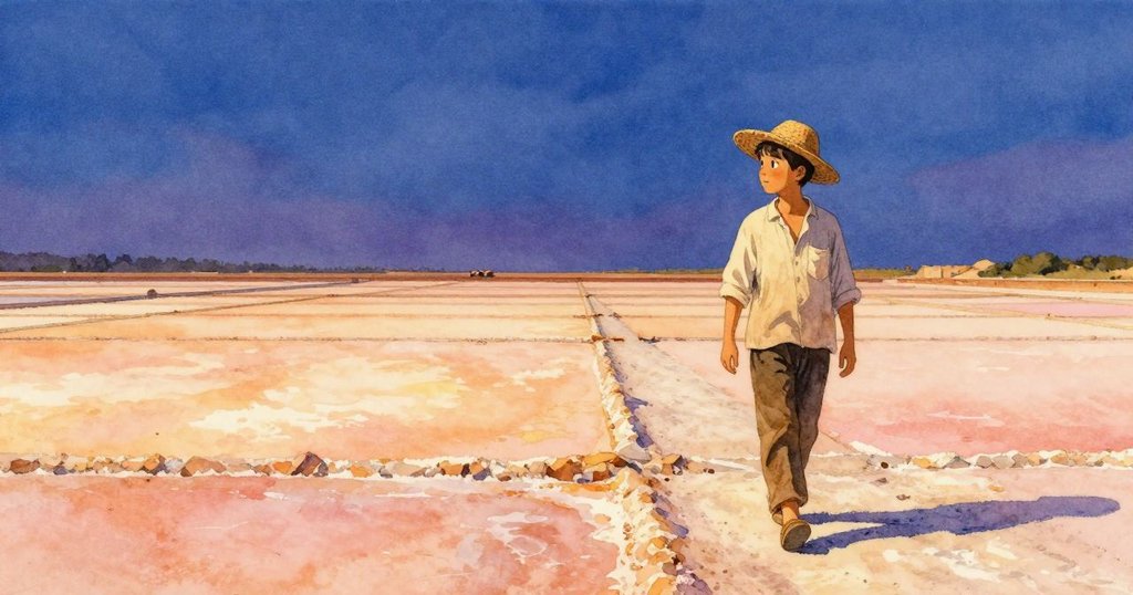 鹽灘展現幾何紋理,陽光金色灑滿全景,Gareth沿著清晰鹽道走動,呈現季節氛圍與故事推進