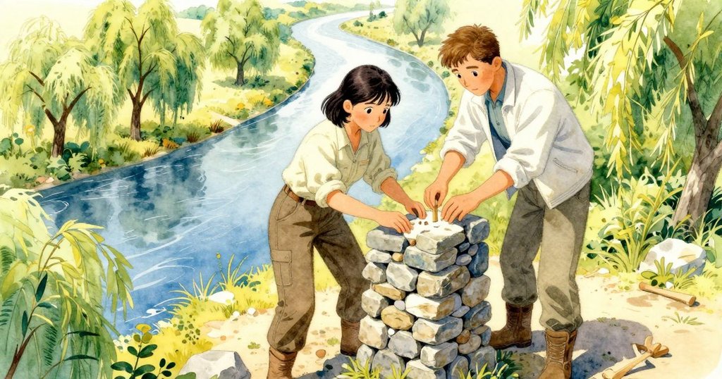 在鳥瞰視角下，Verity與Kane在河邊拼搭石塔，環境充滿綠意與晨光，動作忙碌且充滿希望