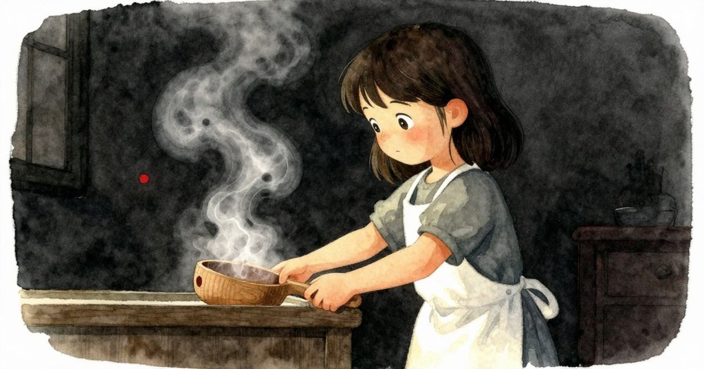 結尾場景中，Zara 蹲下撿起桌布下的木勺，蒸汽與暖光交融，茶室恢復靜謐平衡