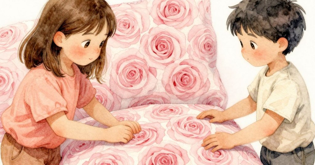 Sian細緻動作中，手指輕放打孔卡片在精美玫瑰紋布旁，展示布料細膩質感，呈現專注與溫柔情懷。