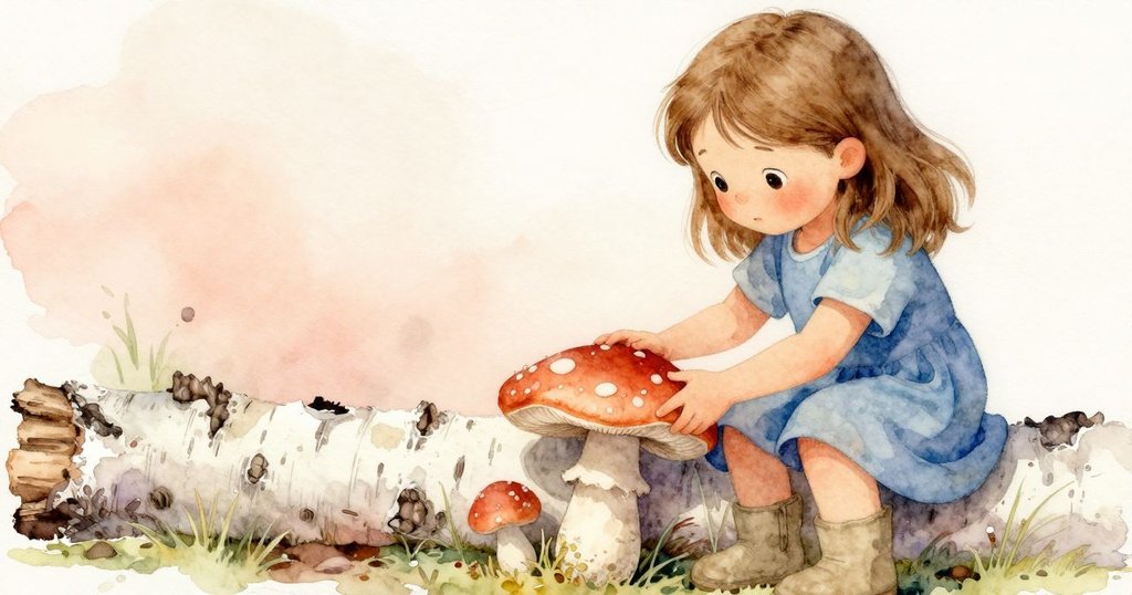 Xanthe 小心翼翼以手指輕轉菇帽,近拍展示出細膩動作,背景中樺木紋理清晰可見