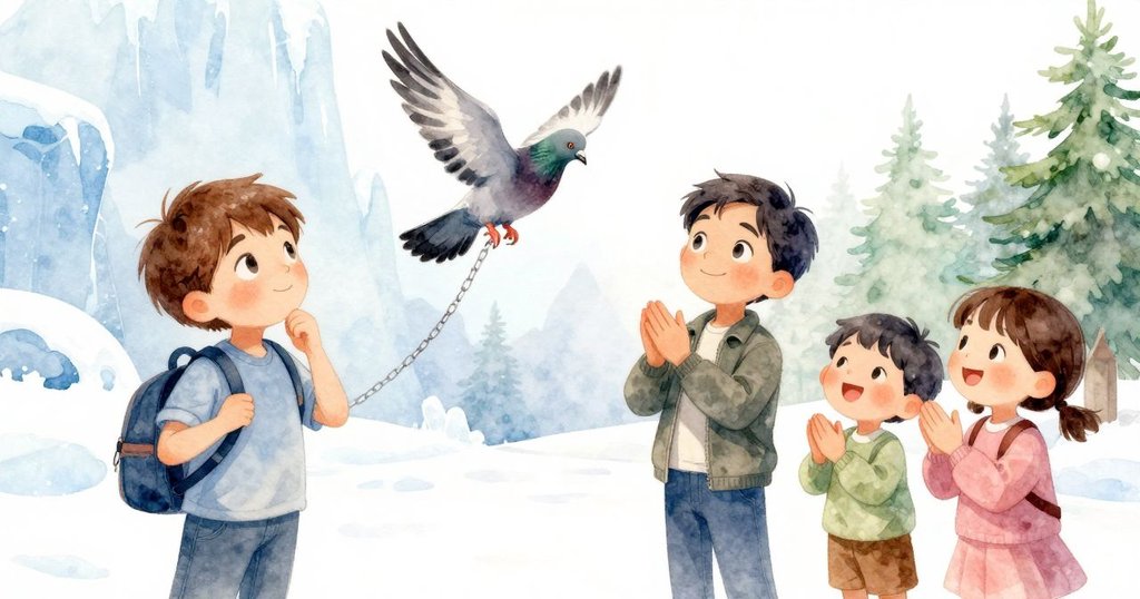 鴿子在空中飛行後巧妙降落於搖晃鐵鏈上，周圍孩子拍手歡呼，展現因果反應與動態互動的活潑情景
