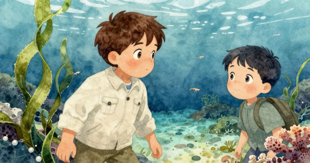 水下景象中，海藻間微小蝦子穿梭，光線斑駁映照出寧靜潮池，細節豐富呈現自然微觀世界