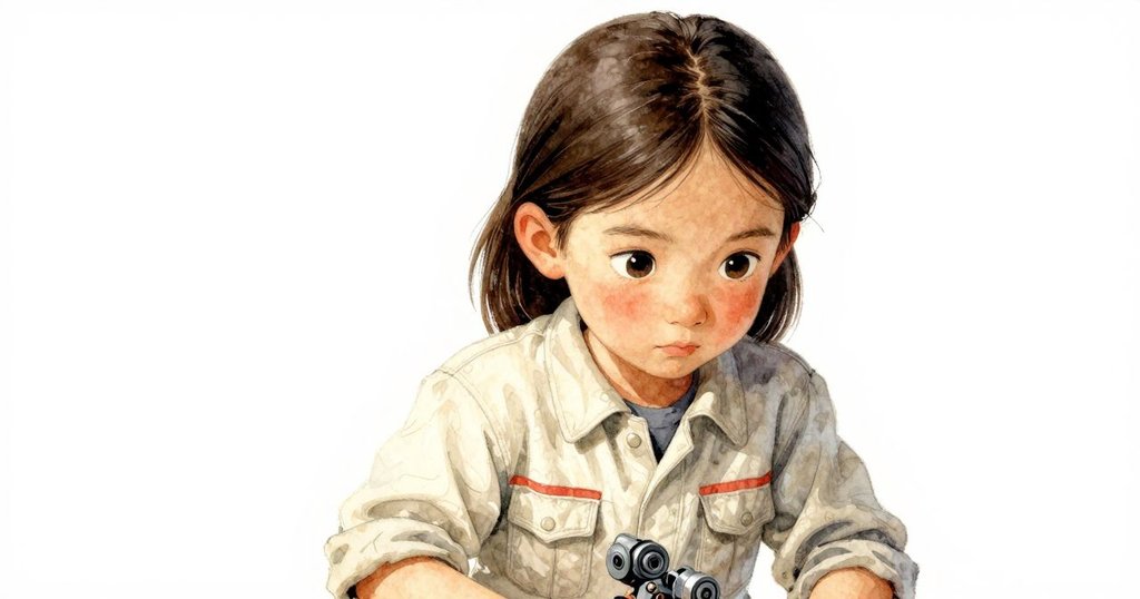 塔拉面對突如其來的異常聲，半轉鑰匙停於指尖，神情凝重，機械細節與浮塵營造沉思氛圍