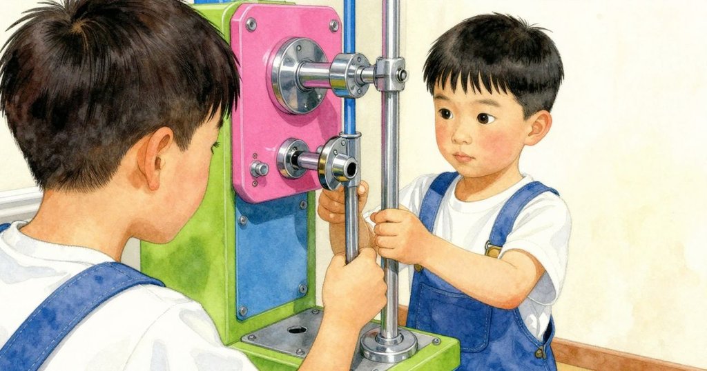 從伊凡背後看他仔細檢查杠杆動作，手勢輕觸機構零件，內室柔光映襯出專注氛圍