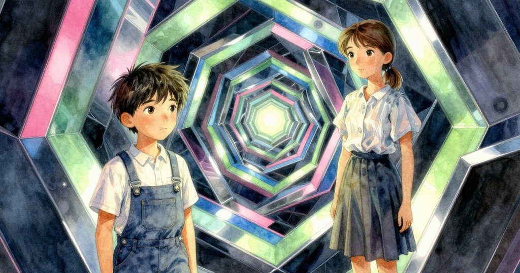 刻印機內部變幻出錯綜幾何圖形，金屬與紙張交織呈現超現實美感，燈光交錯中透露奇幻氣氛
