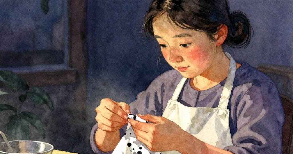 Xanthe專心剝離宣紙, 指尖微停驚喜見墨流變化,展現創作瞬間的細膩動態
