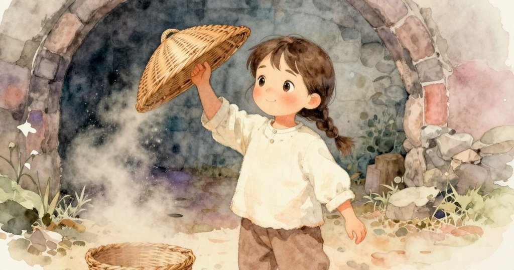 Tara感受著涼爽的空氣拂過，塵埃飛舞中，籃子蓋輕微晃動，場景充滿詩意。