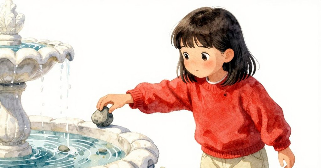 Darla輕觸噴泉邊卵石, 水珠在日光下閃爍, 突顯精緻觸感, 敘事進入細節描繪