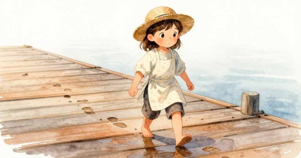 文達走在濕潤的碼頭上，木板反射晨光，腳步印清晰，展現充滿期待與活力的早晨。