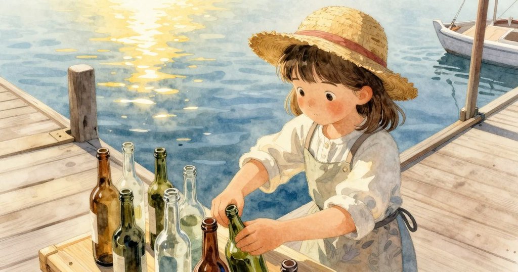 從高處俯瞰，文達在船桅間仔細排列玻璃瓶，海面上光影交錯展現平靜而忙碌的工作場景。