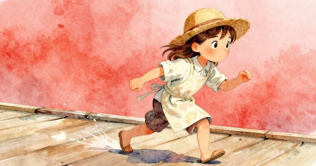 光線如貓般在碼頭上追逐，文達側身試動，動態光斑營造趣味與緊張的晨間氛圍。